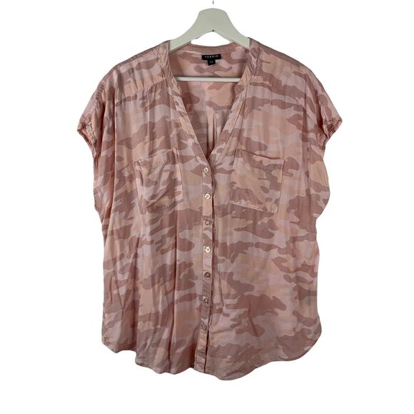 Torrid Size 00 10 M/L Pink Camo Challis Dolman Blouse Collared Button Front Top - Picture 2 of 10